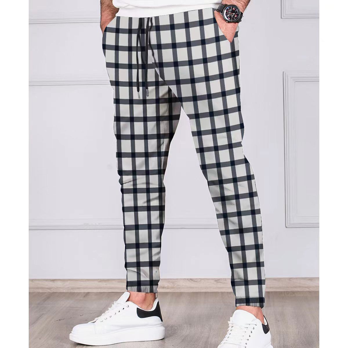 Plaid Stripes Tethered Feet Jogging Pants