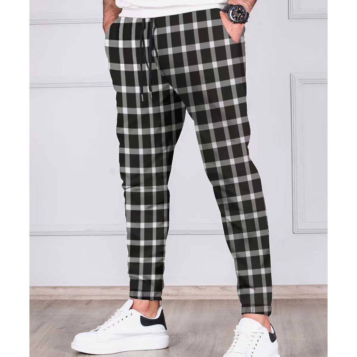 Plaid Stripes Tethered Feet Jogging Pants