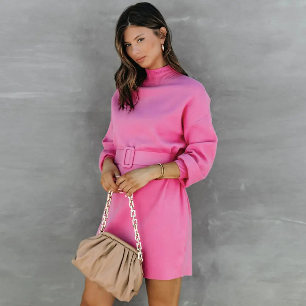 Elegant Turtleneck Sweater Dress with Belt