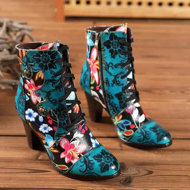 Armak2 - Vibrant Floral Pattern Leather Booties For Women