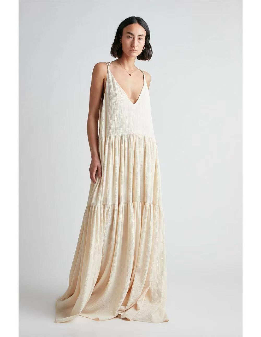 Loose Solid Color Pleated Irregular Dress Beach Strap Long Dress