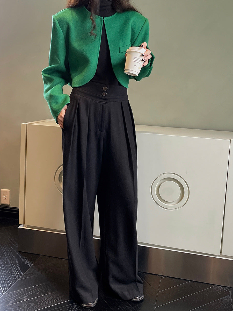 Wool Double Waist Wide Leg Pants Trousers Women