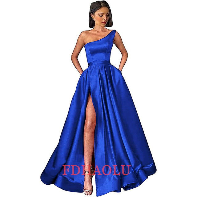 One Shoulder Prom High Slit Satin Pleated Formal Evening Dress