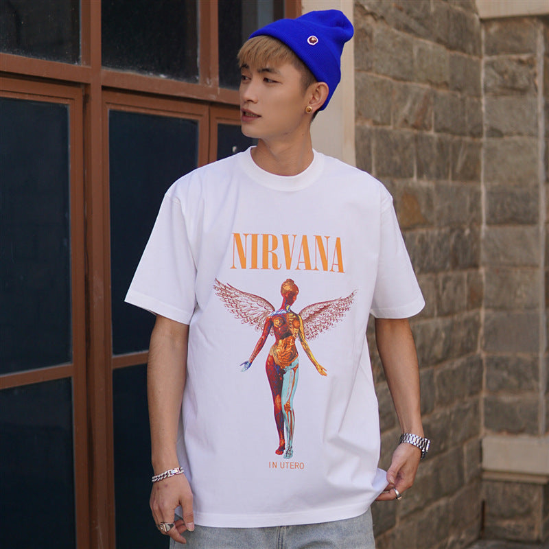 Nirvana  T-shirt Rock American Retro Street Loose High Street Small Neckline Vintage Short Sleeve