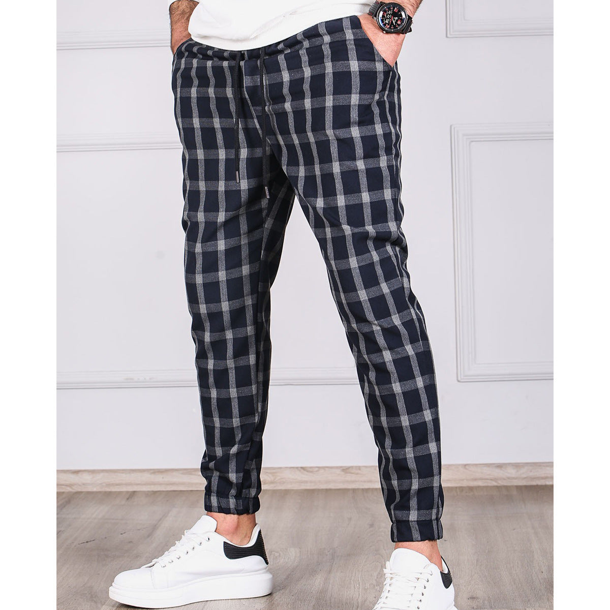 Plaid Stripes Tethered Feet Jogging Pants