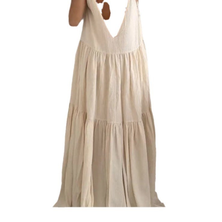 Loose Solid Color Pleated Irregular Dress Beach Strap Long Dress