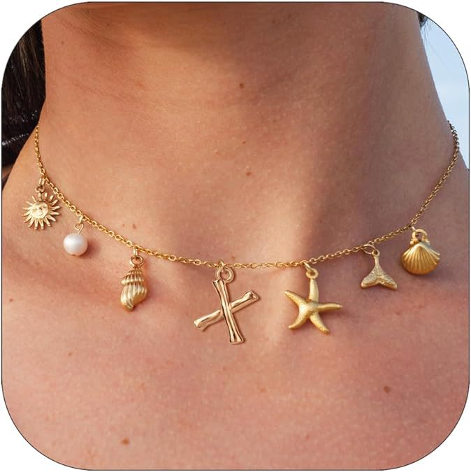 Summer Beach Shell 14k Starfish Surfing Clavicle Chain Fashion Bohemian Pendant Chain