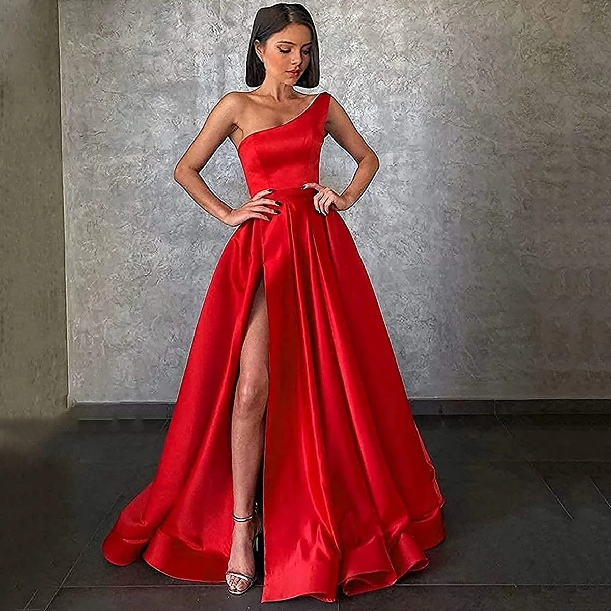 One Shoulder Prom High Slit Satin Pleated Formal Evening Dress