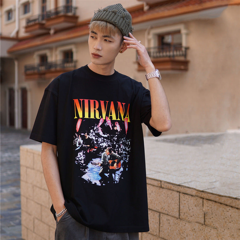 Nirvana  T-shirt Rock American Retro Street Loose High Street Small Neckline Vintage Short Sleeve