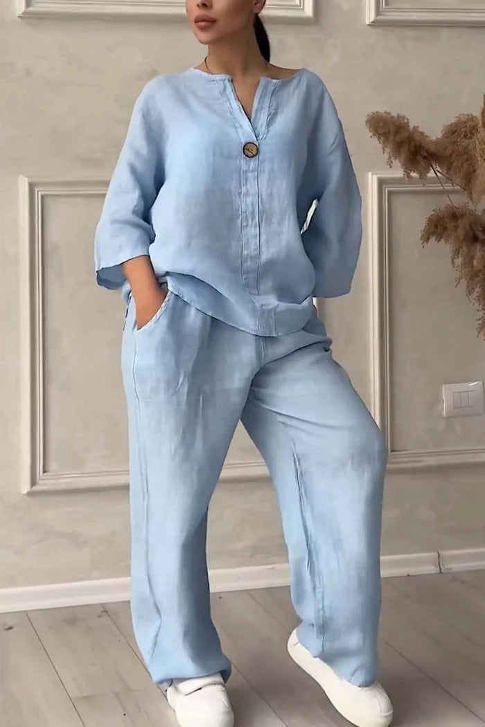 Summer Women 2-piece Plus Size Cotton And Linen Shirt Suit High Waist Loose Trousers