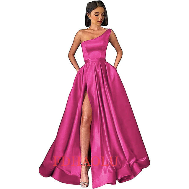 One Shoulder Prom High Slit Satin Pleated Formal Evening Dress