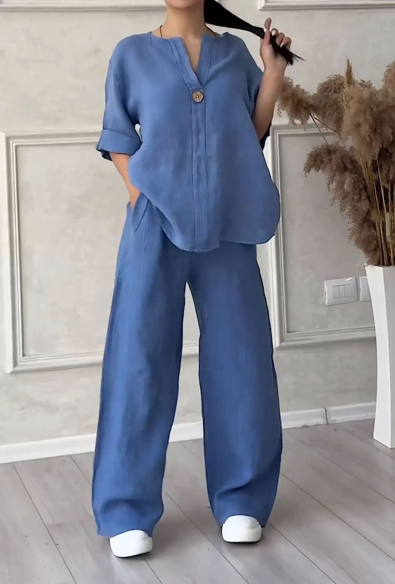 Summer Women 2-piece Plus Size Cotton And Linen Shirt Suit High Waist Loose Trousers