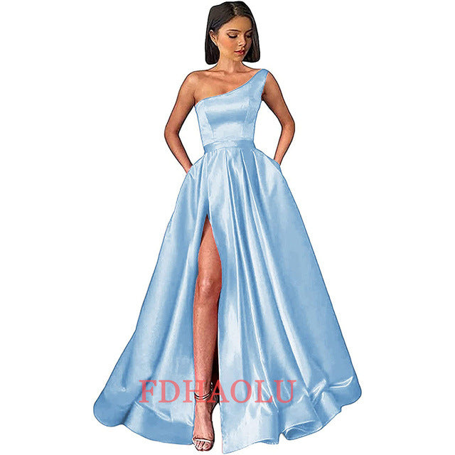 One Shoulder Prom High Slit Satin Pleated Formal Evening Dress