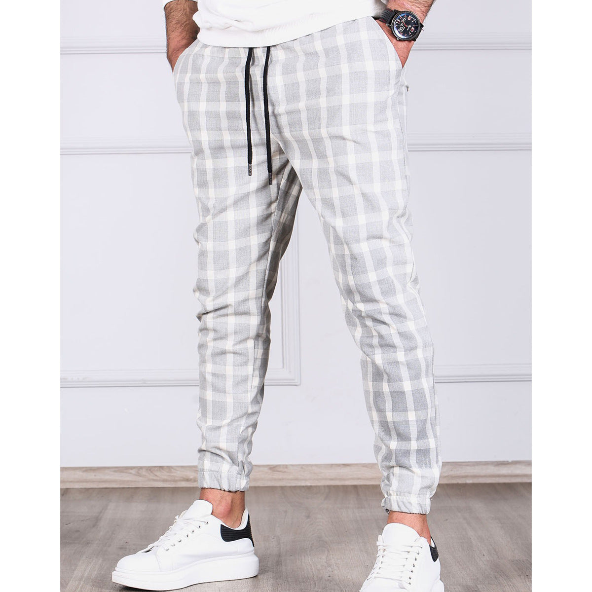 Plaid Stripes Tethered Feet Jogging Pants