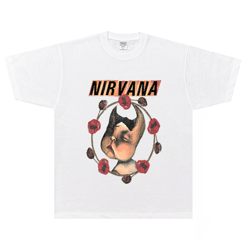 Nirvana  T-shirt Rock American Retro Street Loose High Street Small Neckline Vintage Short Sleeve