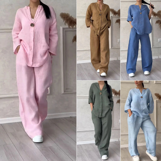 Summer Women 2-piece Plus Size Cotton And Linen Shirt Suit High Waist Loose Trousers