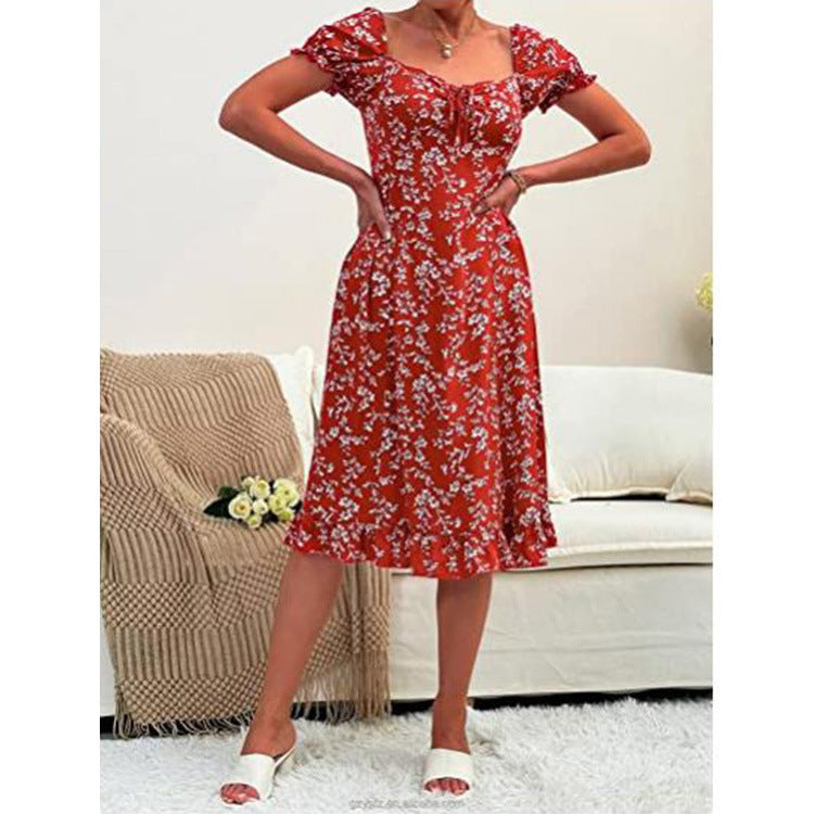 Spring And Summer Floral Printed Mid-length Short-sleeved High Waist Dress