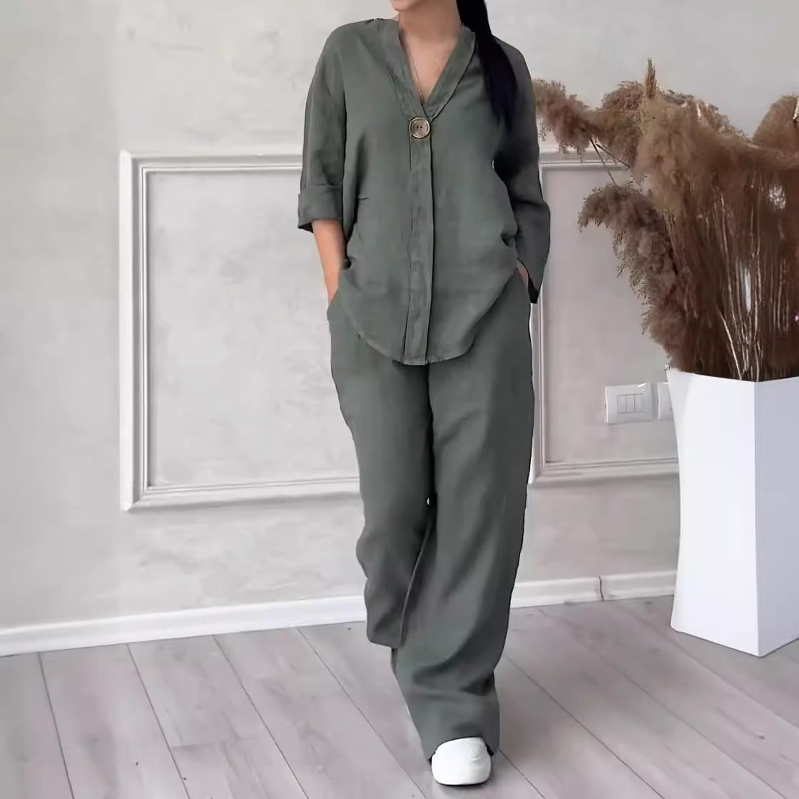 Summer Women 2-piece Plus Size Cotton And Linen Shirt Suit High Waist Loose Trousers