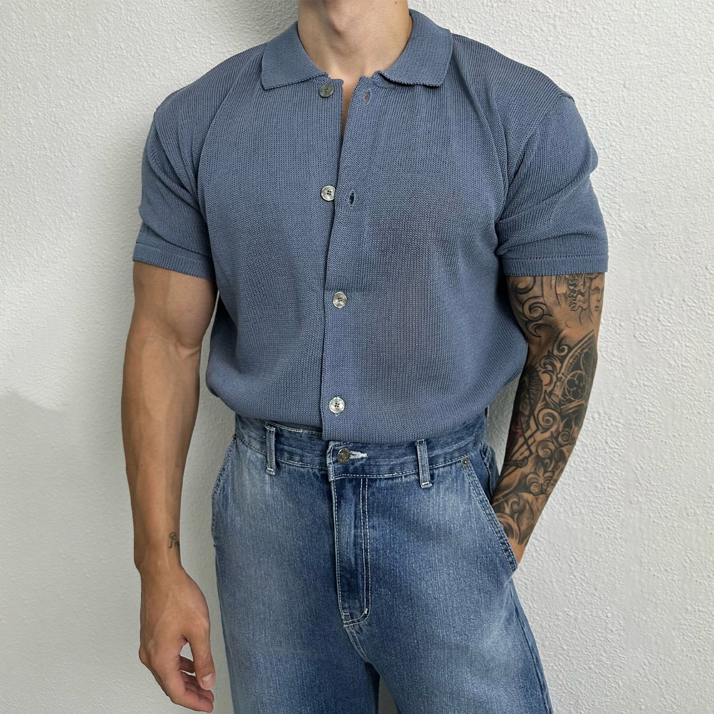 Korean Style Light Mature Short-sleeved Polo MAN ,Summer New High-end Casual All-match Loose Knitted Open