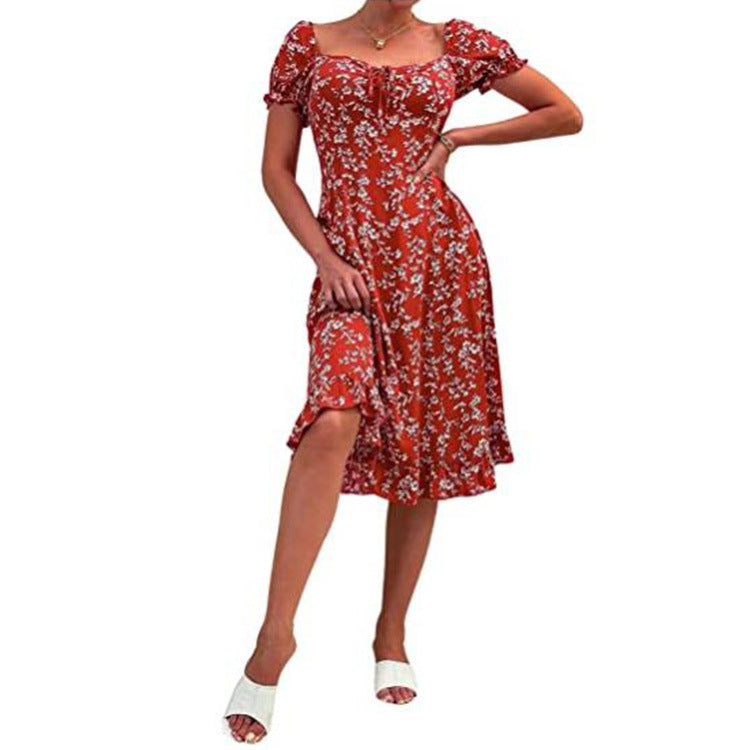 Spring And Summer Floral Printed Mid-length Short-sleeved High Waist Dress