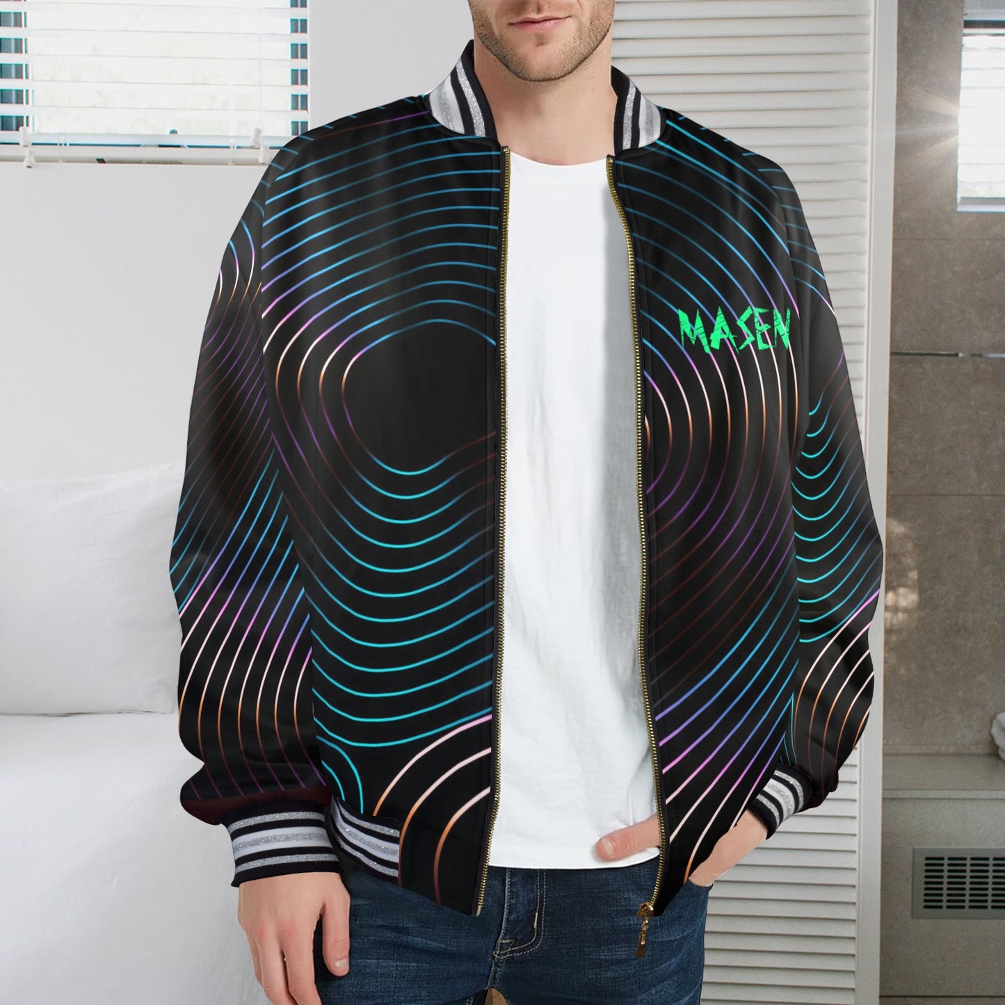 New Men's Striped Trim Bomber Jacket