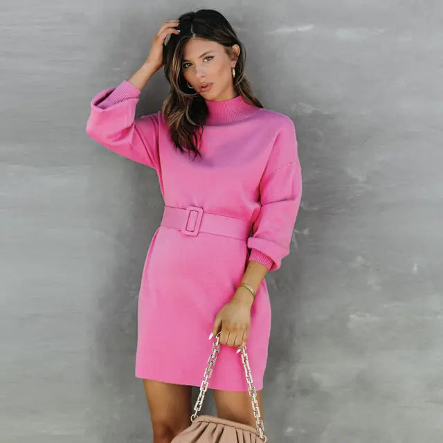 Elegant Turtleneck Sweater Dress with Belt